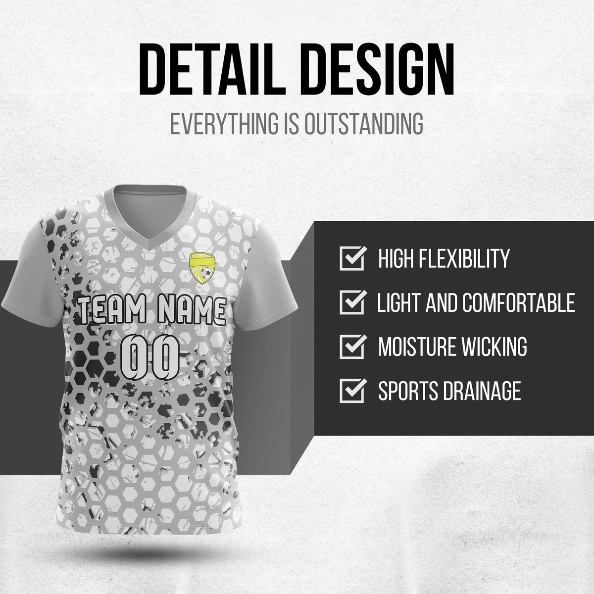 Soccer Jersey - V Neck - Full Pattern- Design 1 - Grey