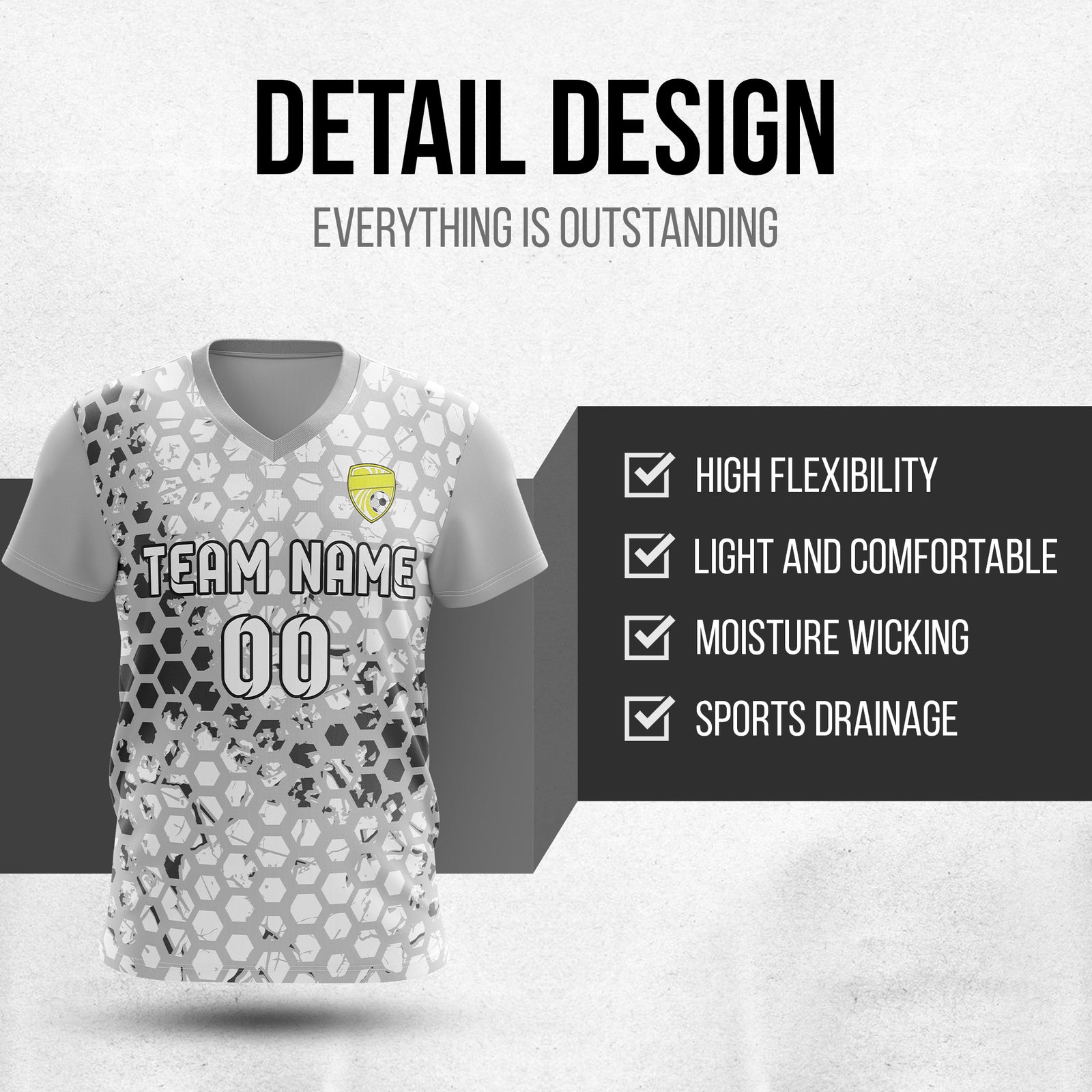 Soccer Jersey - V Neck - Full Pattern- Design 1 - Grey