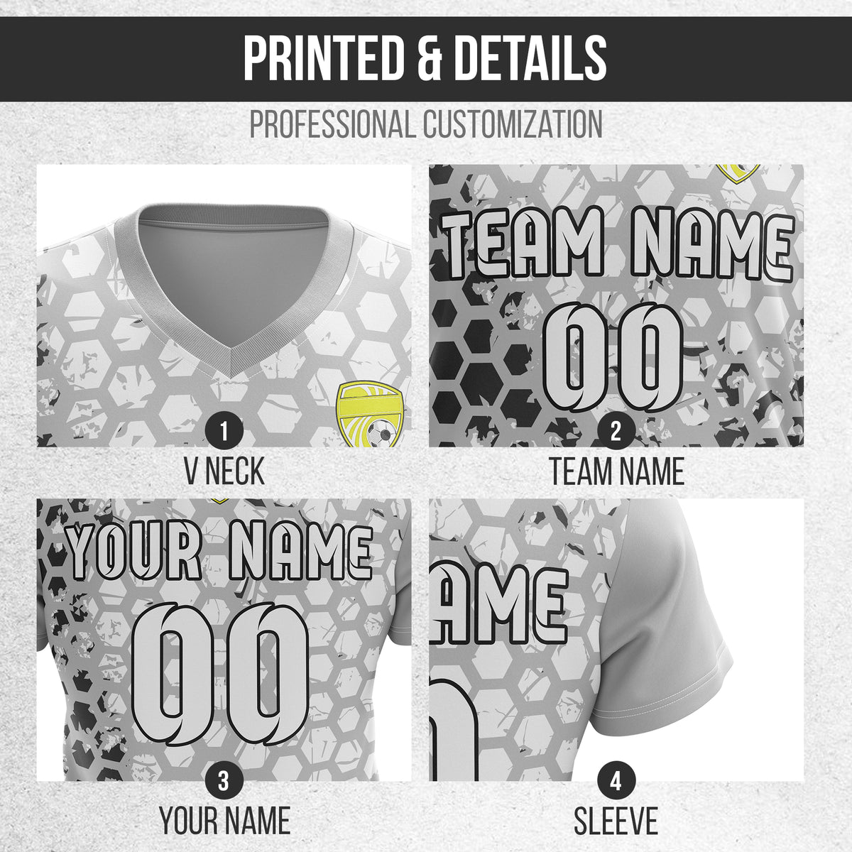 Soccer Jersey - V Neck - Full Pattern- Design 1 - Grey