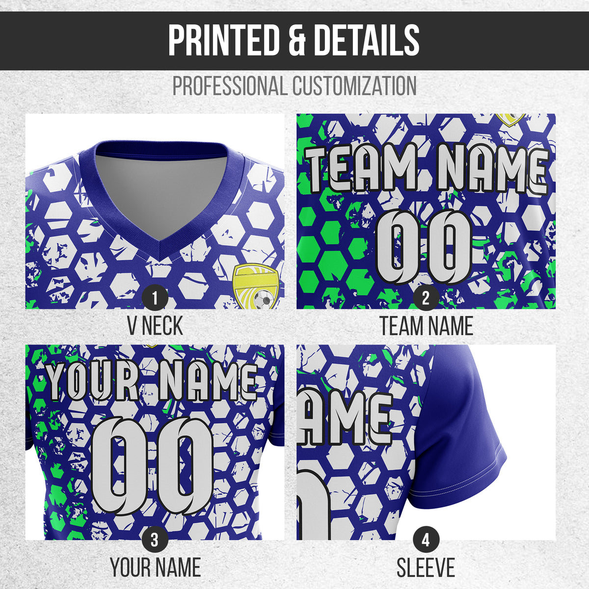 Soccer Jersey - V Neck - Full Pattern- Design 1 - Navy