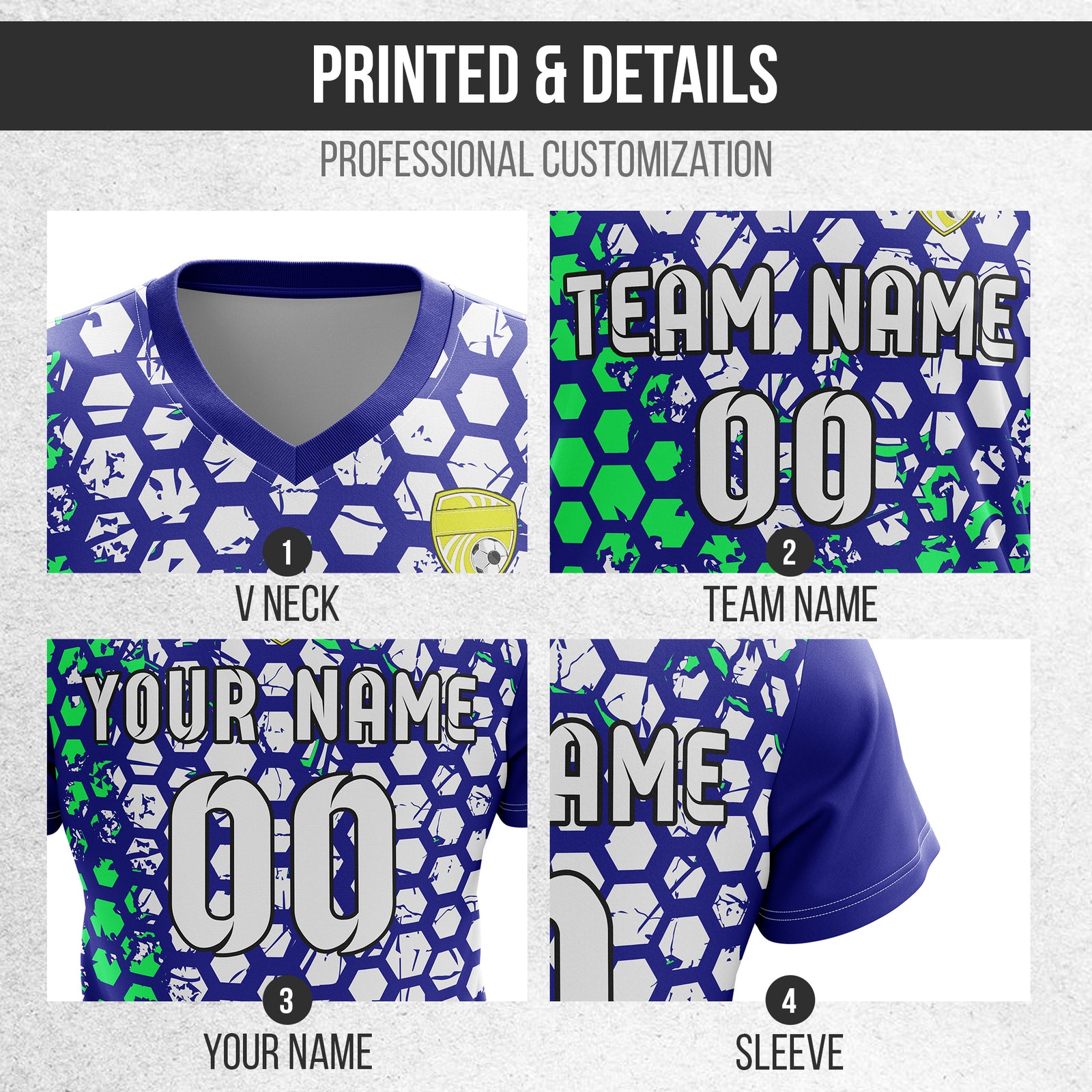 Soccer Jersey - V Neck - Full Pattern- Design 1 - Navy