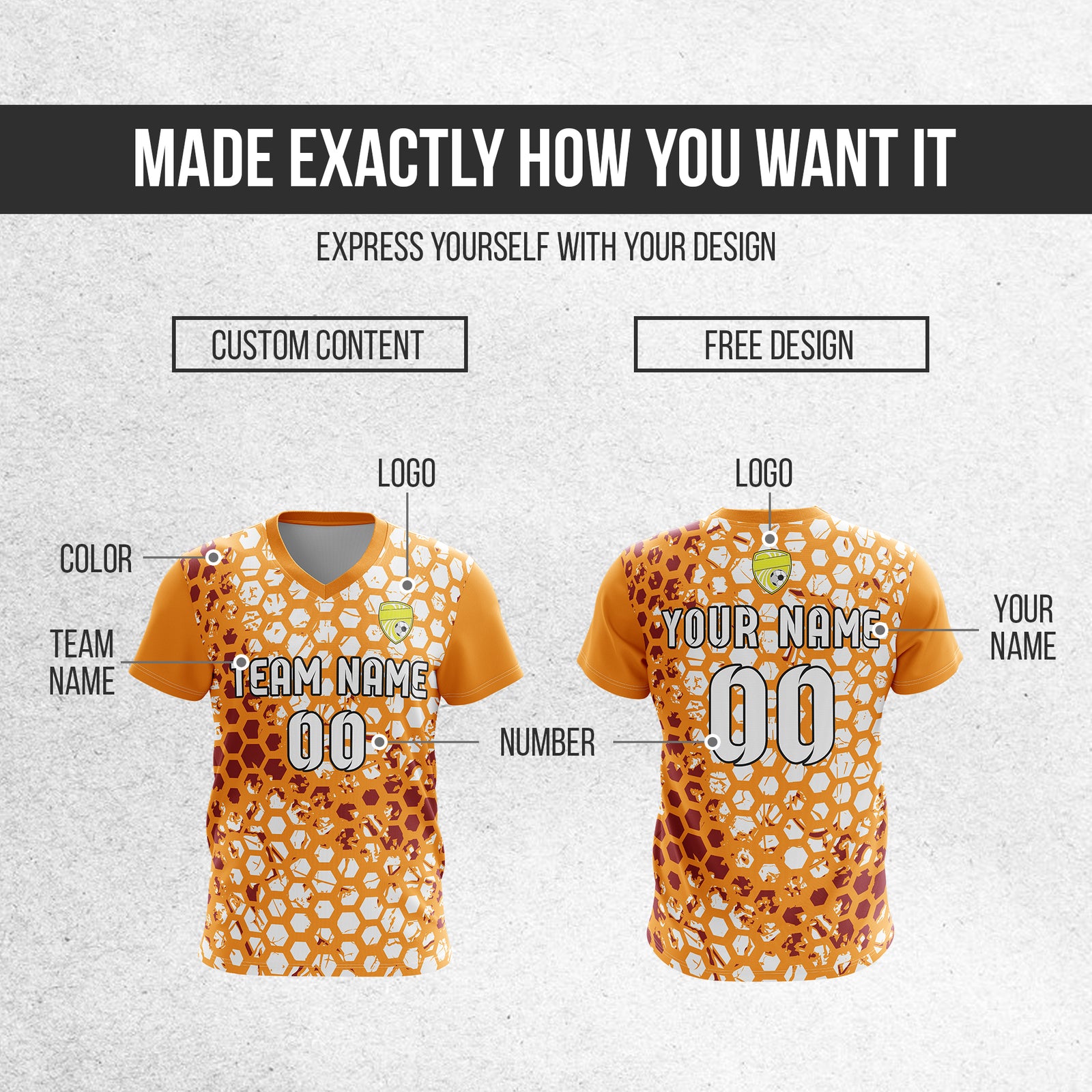 Soccer Jersey - V Neck - Full Pattern- Design 1 - Orange