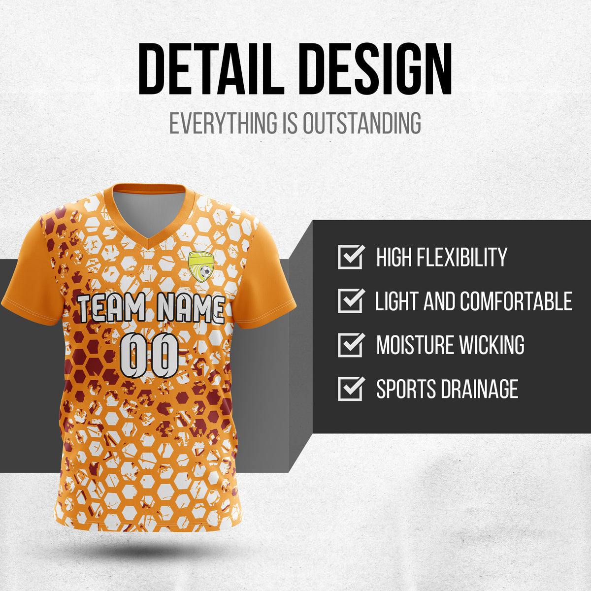 Soccer Jersey - V Neck - Full Pattern- Design 1 - Orange