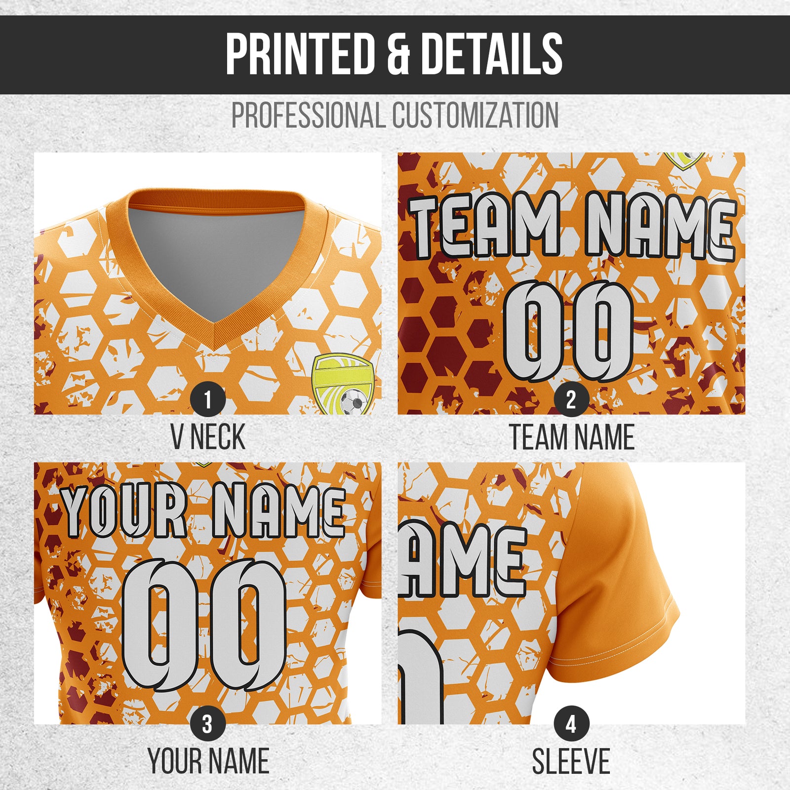Soccer Jersey - V Neck - Full Pattern- Design 1 - Orange