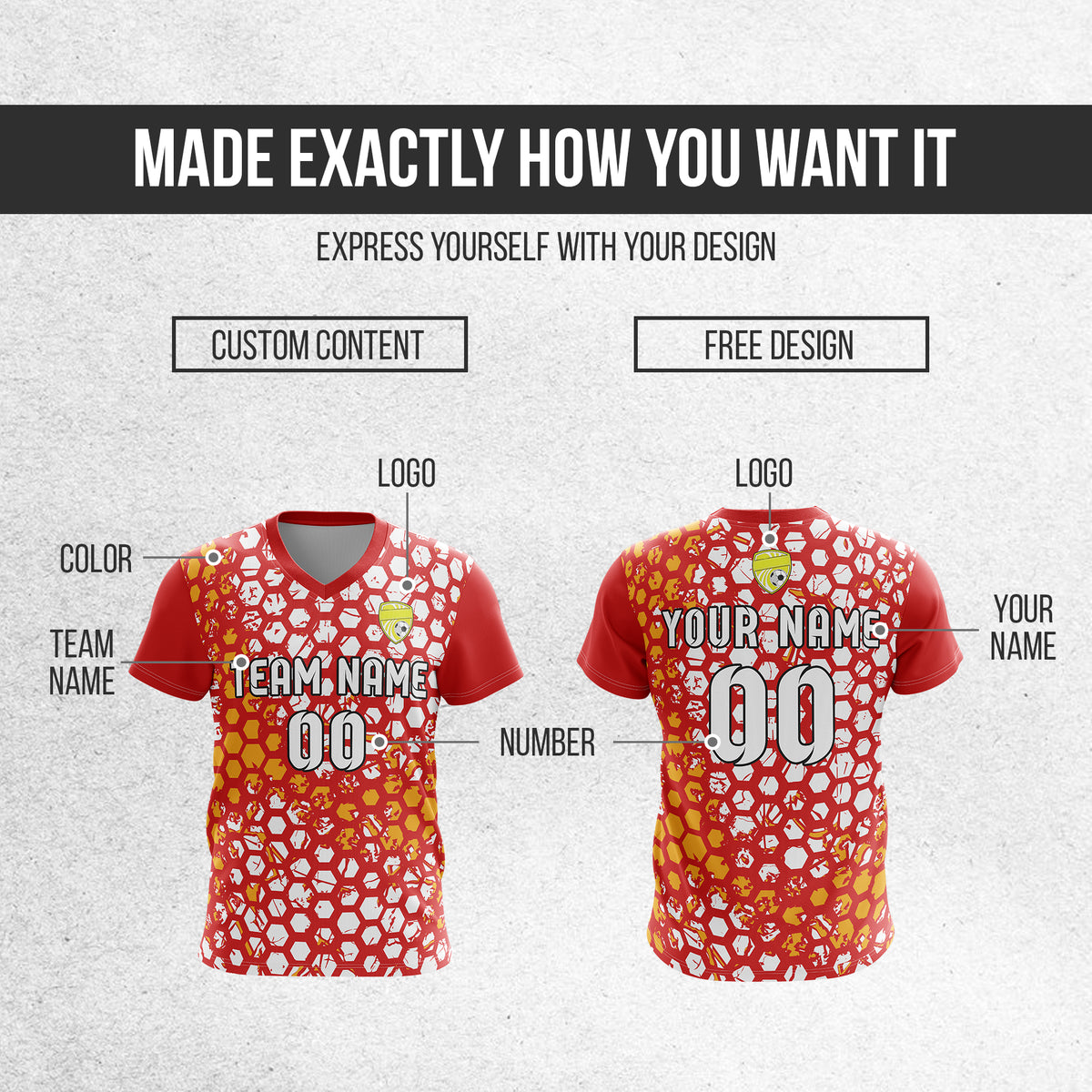 Soccer Jersey - V Neck - Full Pattern- Design 1 - Red