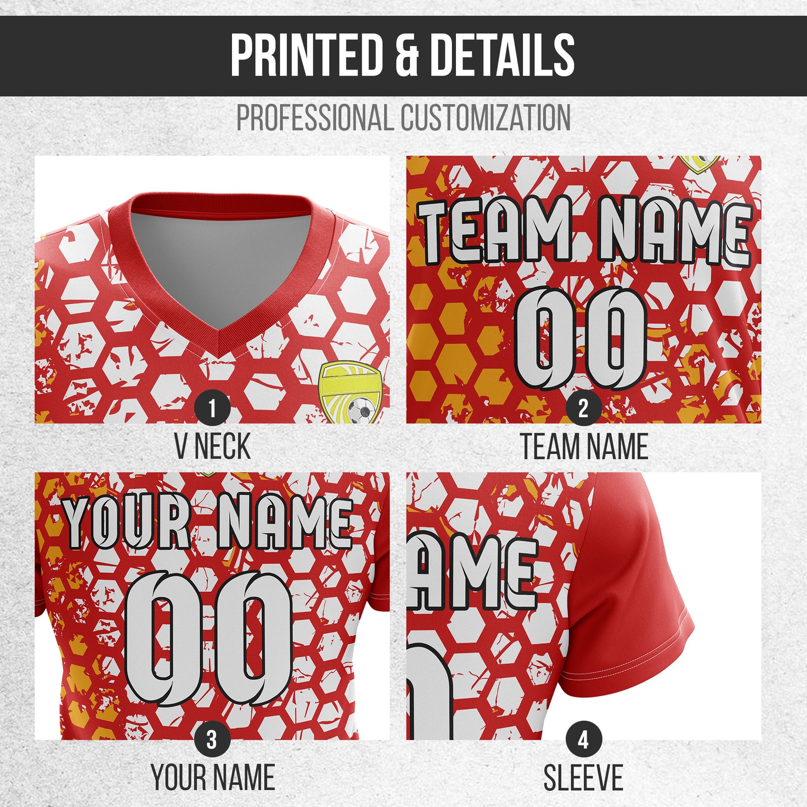 Soccer Jersey - V Neck - Full Pattern- Design 1 - Red