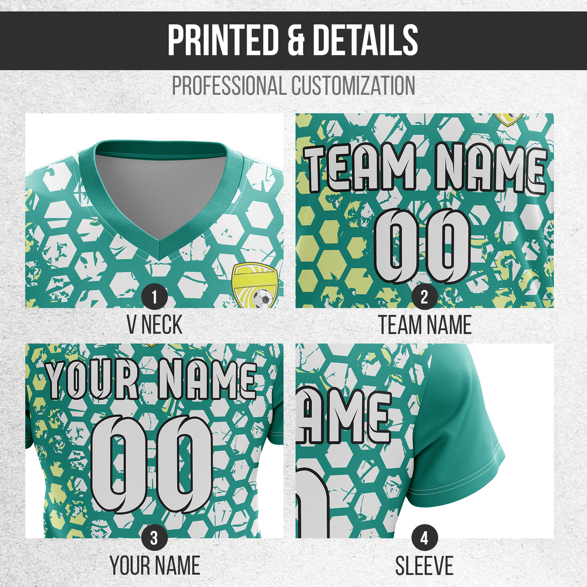 Soccer Jersey - V Neck - Full Pattern- Design 1 - Teal