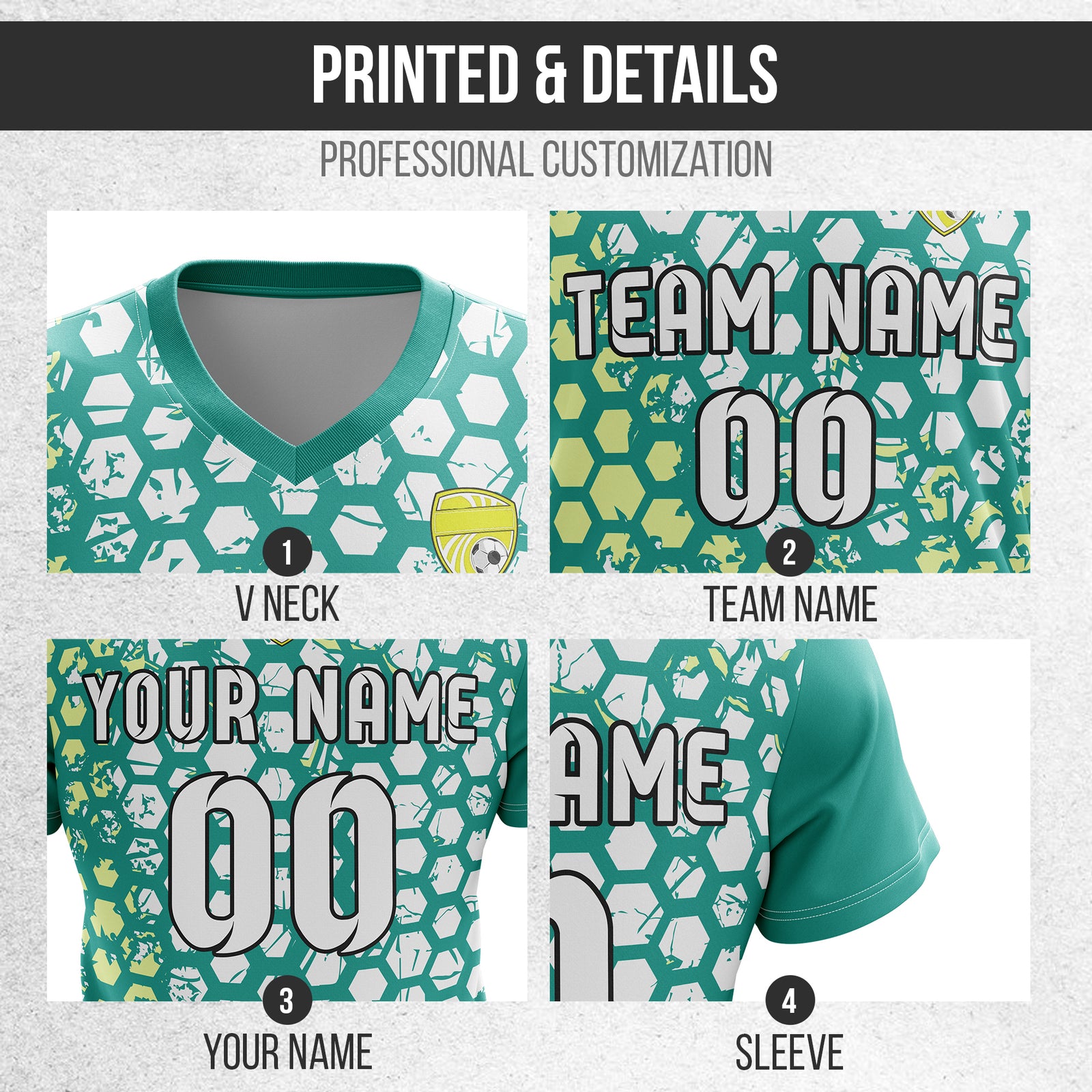 Soccer Jersey - V Neck - Full Pattern- Design 1 - Teal