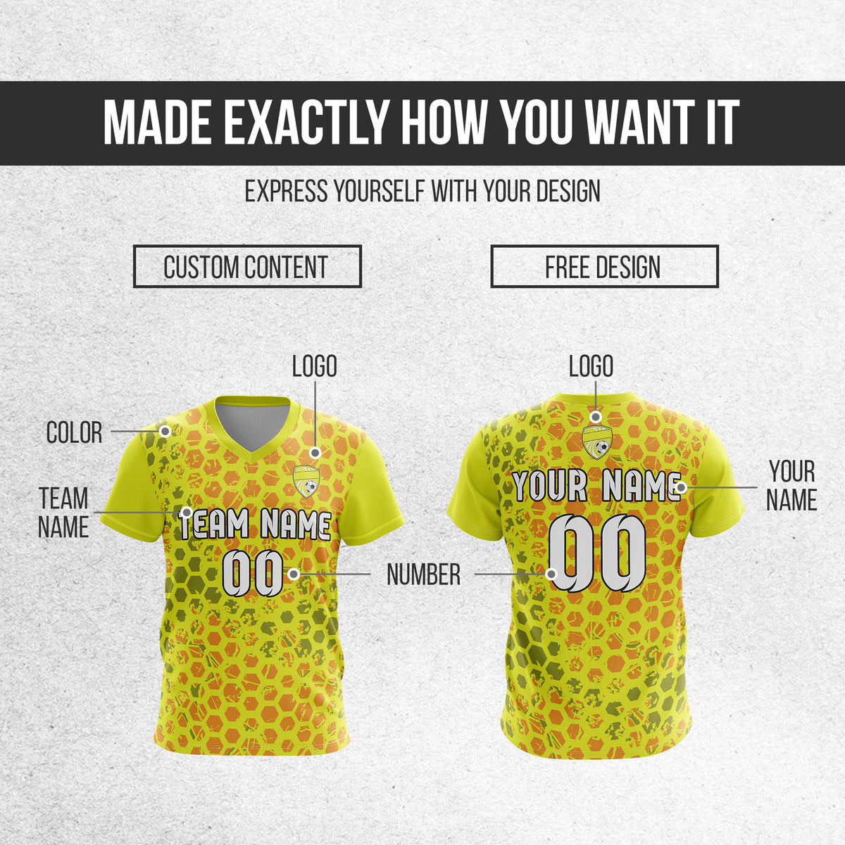 Soccer Jersey - V Neck - Full Pattern- Design 1 - Yellow