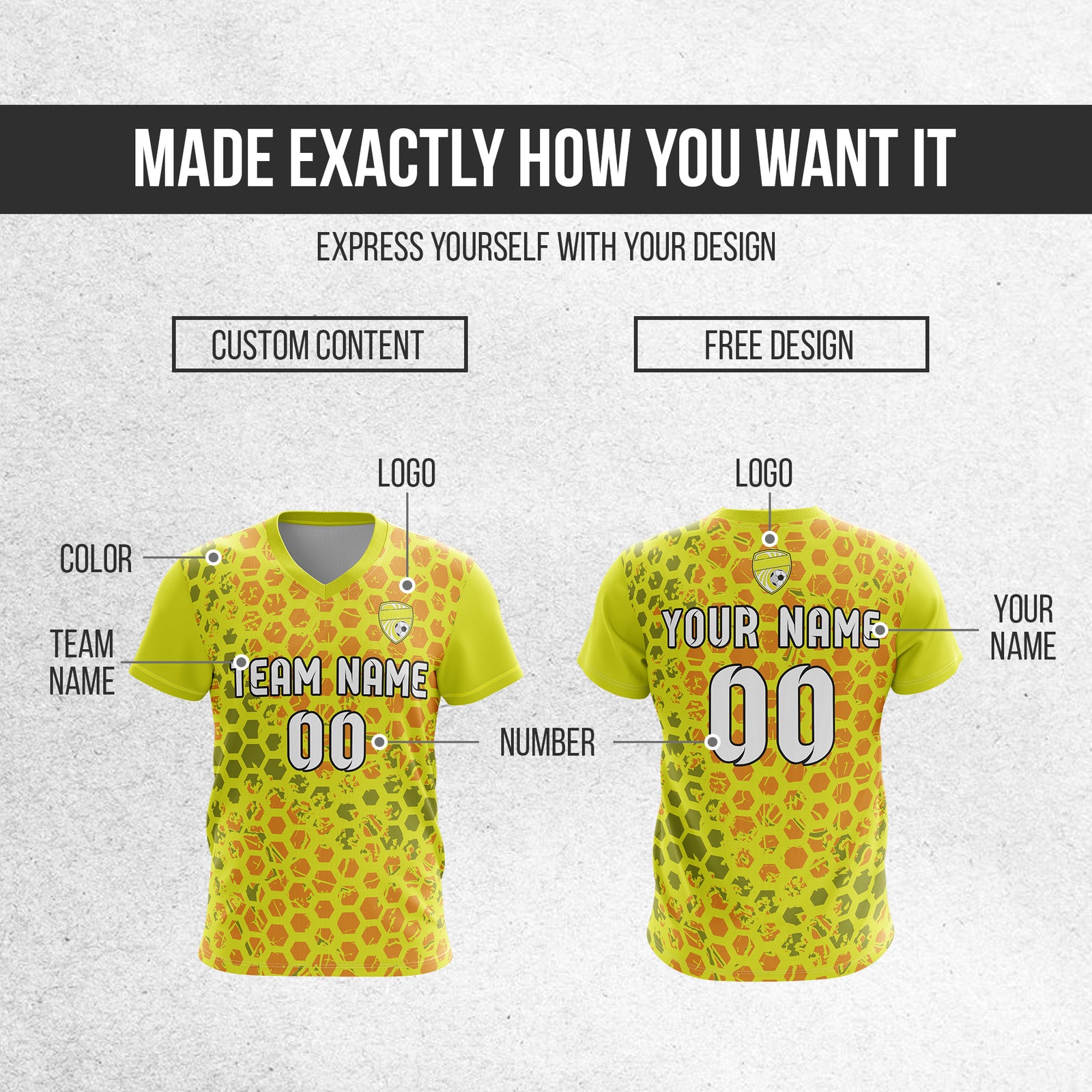 Soccer Jersey - V Neck - Full Pattern- Design 1 - Yellow