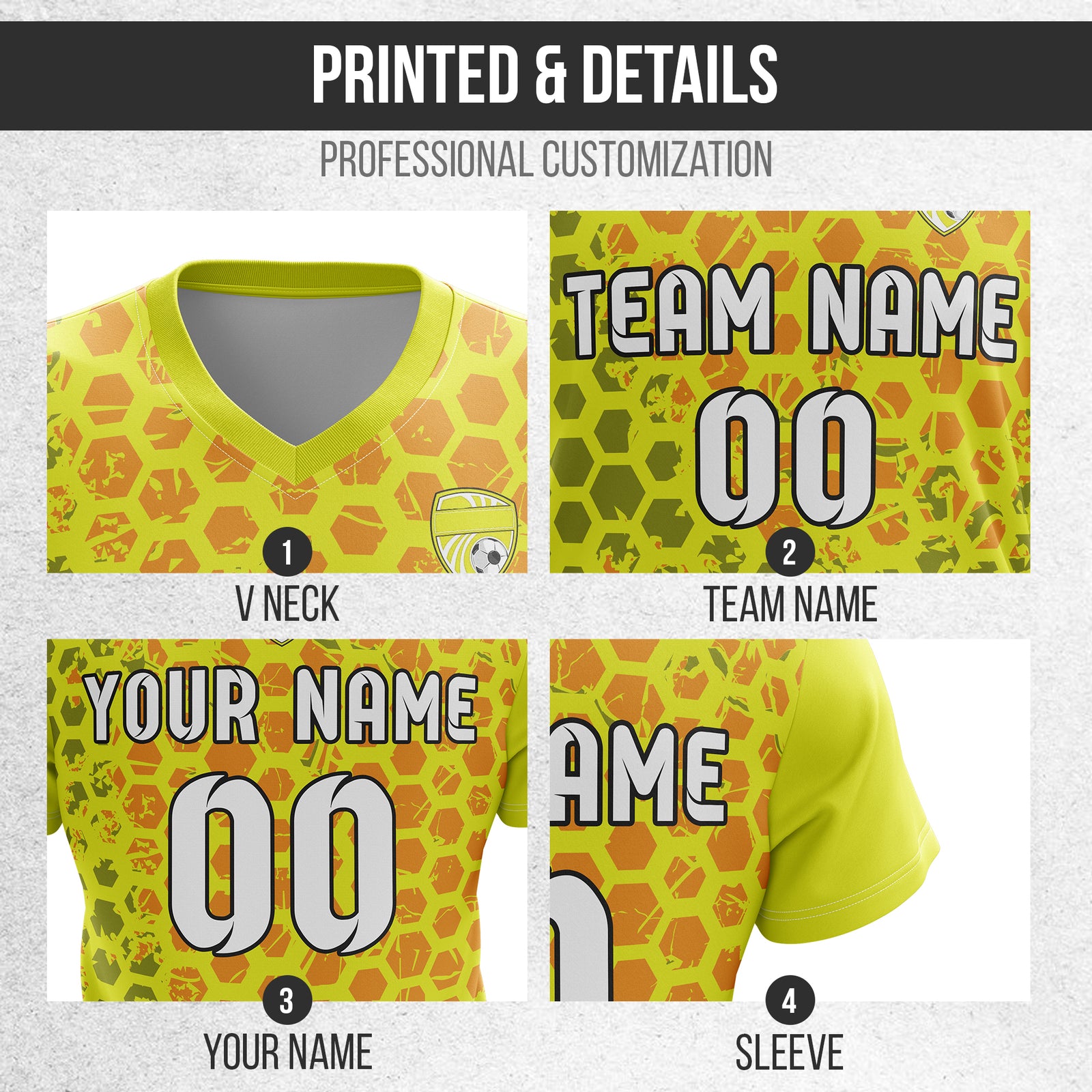 Soccer Jersey - V Neck - Full Pattern- Design 1 - Yellow