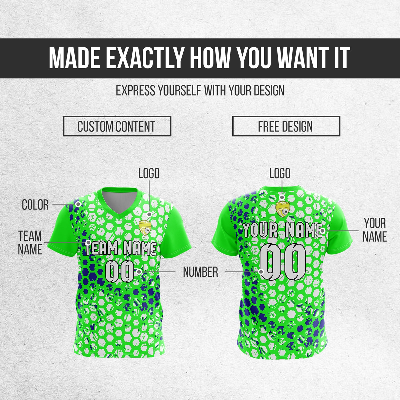 Soccer Jersey - V Neck - Full Pattern- Design 1 - neon Green