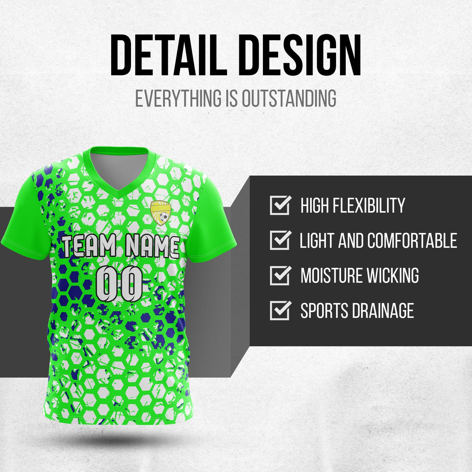 Soccer Jersey - V Neck - Full Pattern- Design 1 - neon Green