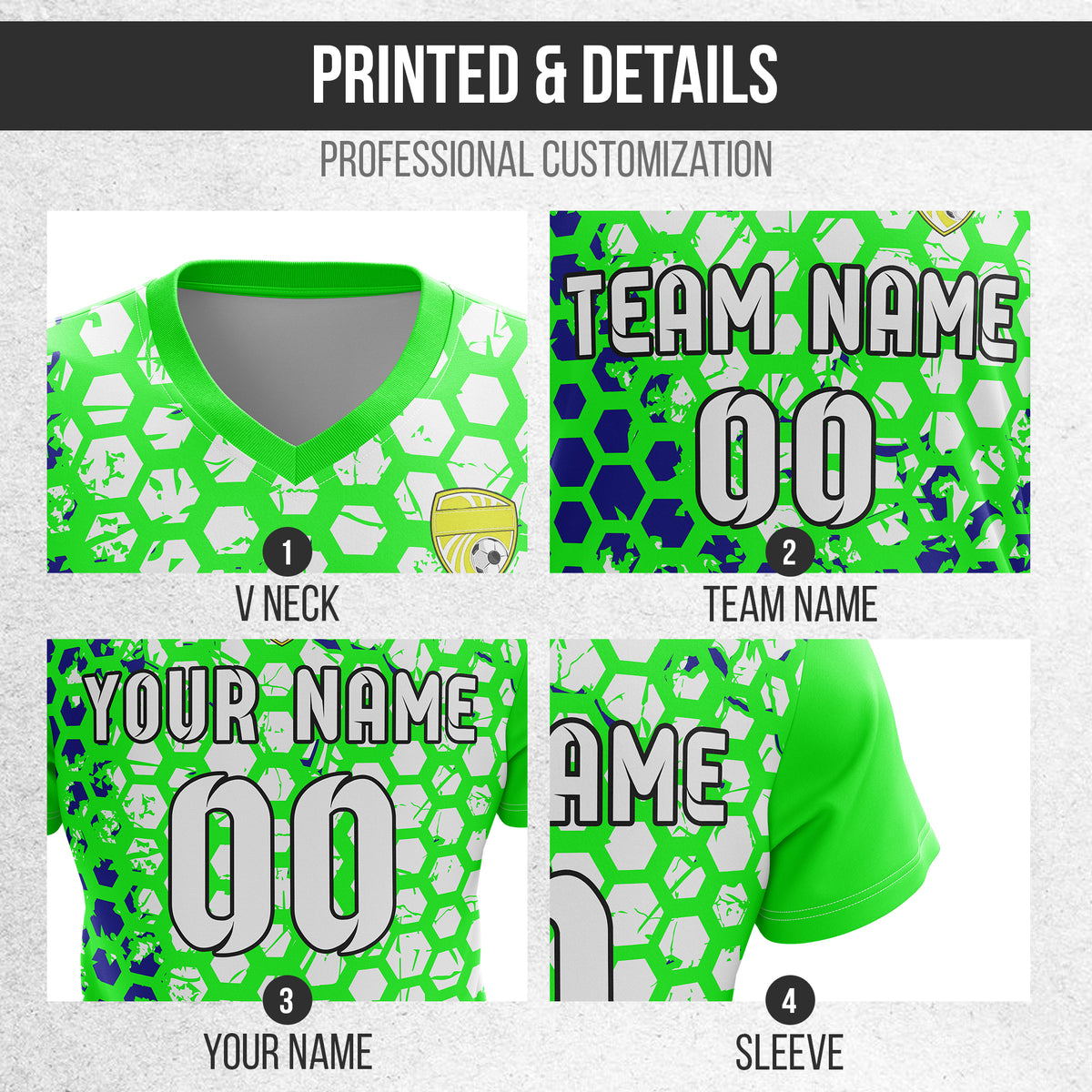 Soccer Jersey - V Neck - Full Pattern- Design 1 - neon Green