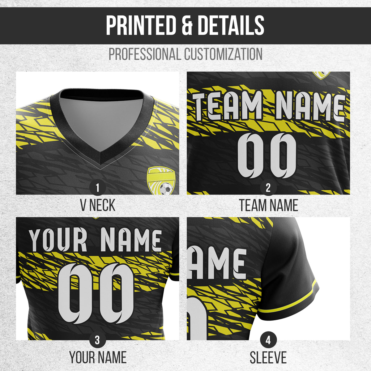 Soccer Jersey - V Neck - Full Pattern- Design 2 - Black