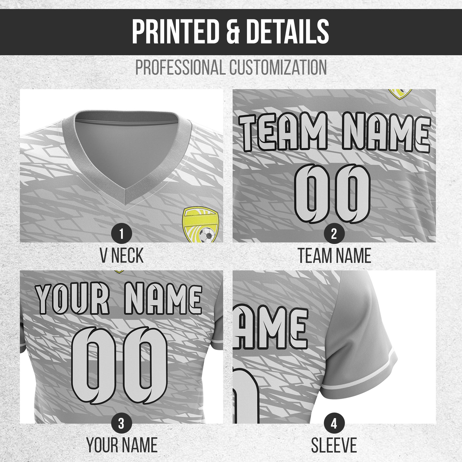 Soccer Jersey - V Neck - Full Pattern- Design 2 - Grey