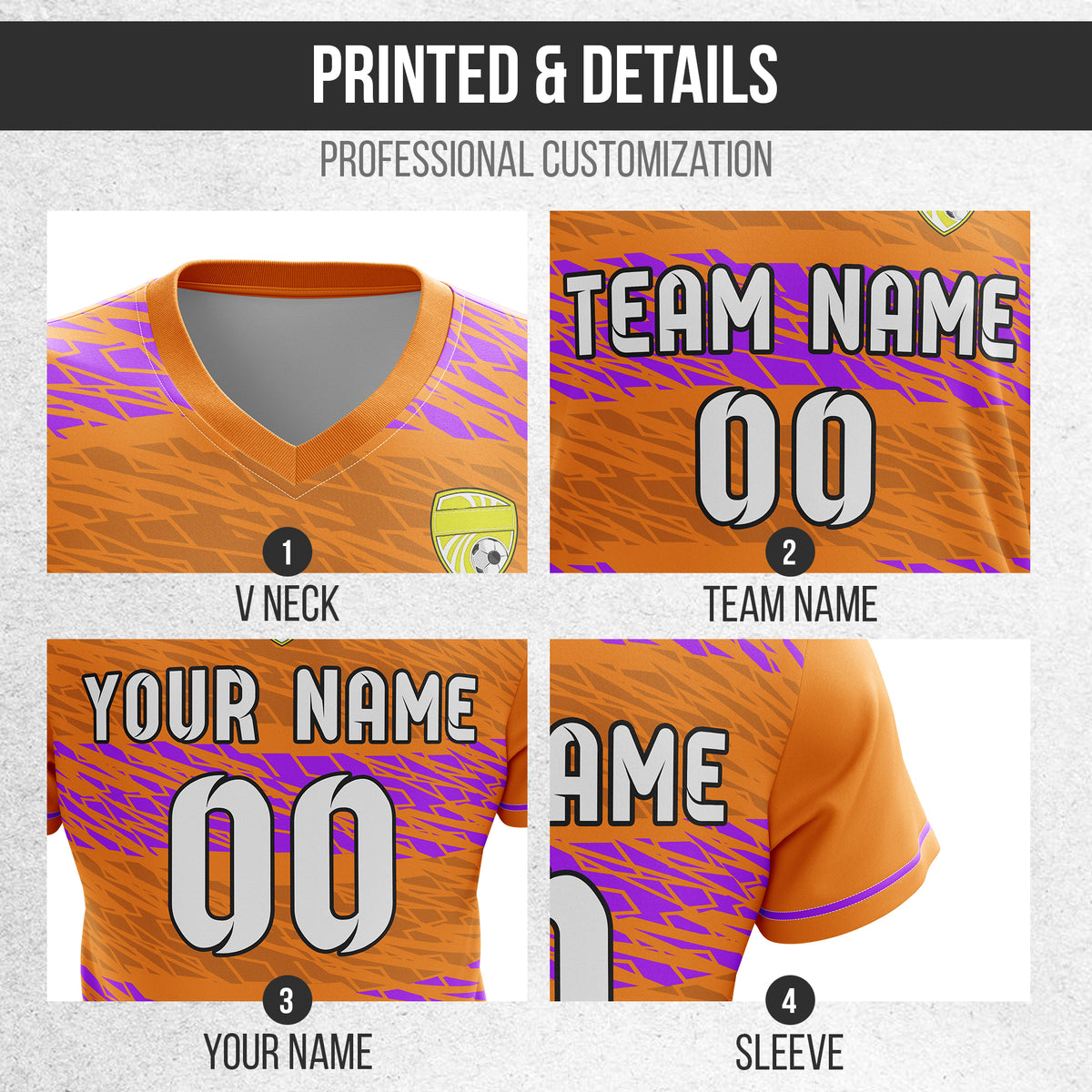 Soccer Jersey - V Neck - Full Pattern- Design 2 - Orange