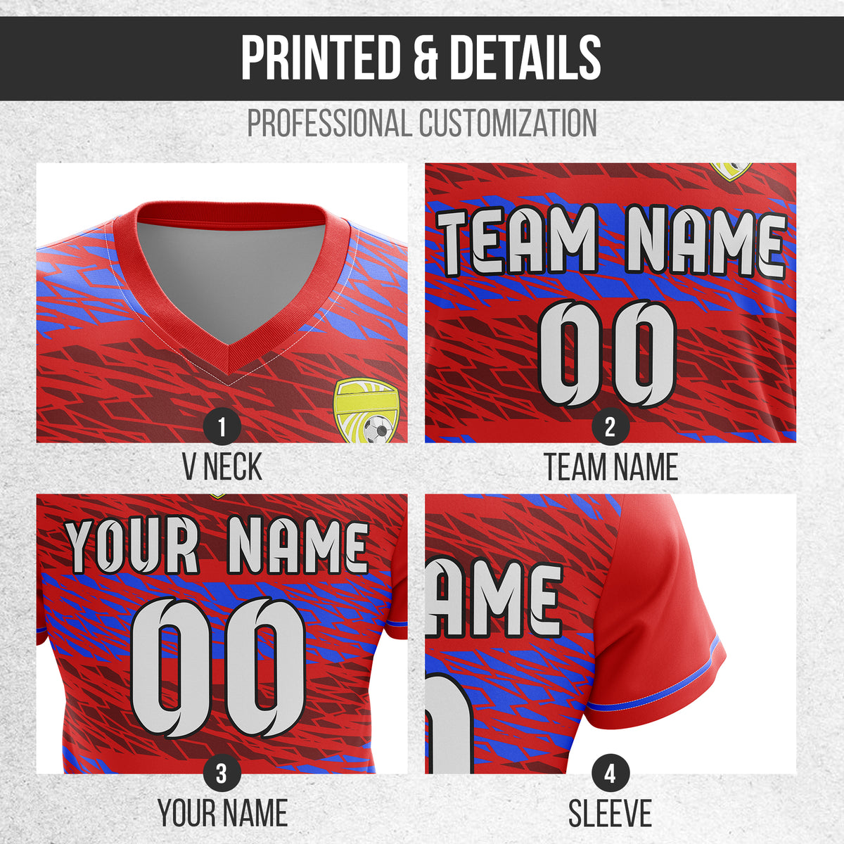 Soccer Jersey - V Neck - Full Pattern- Design 2 - Red