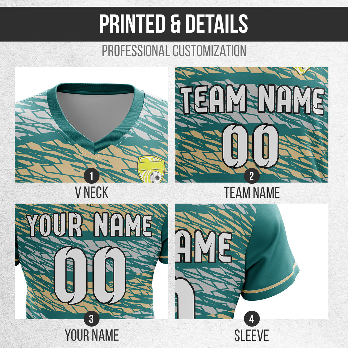 Soccer Jersey - V Neck - Full Pattern- Design 2 - Teal