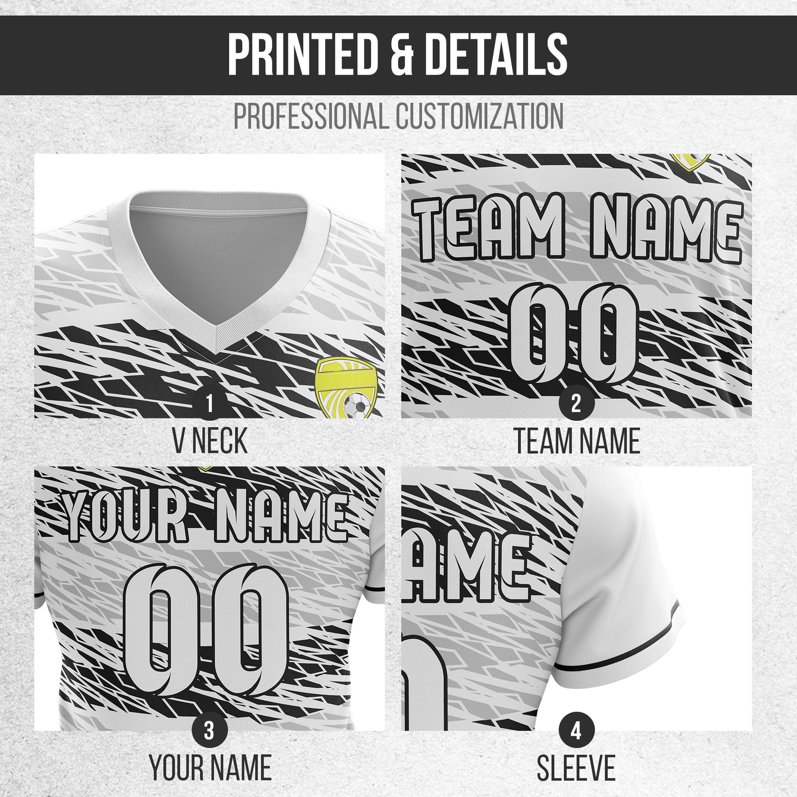 Soccer Jersey - V Neck - Full Pattern- Design 2 - White