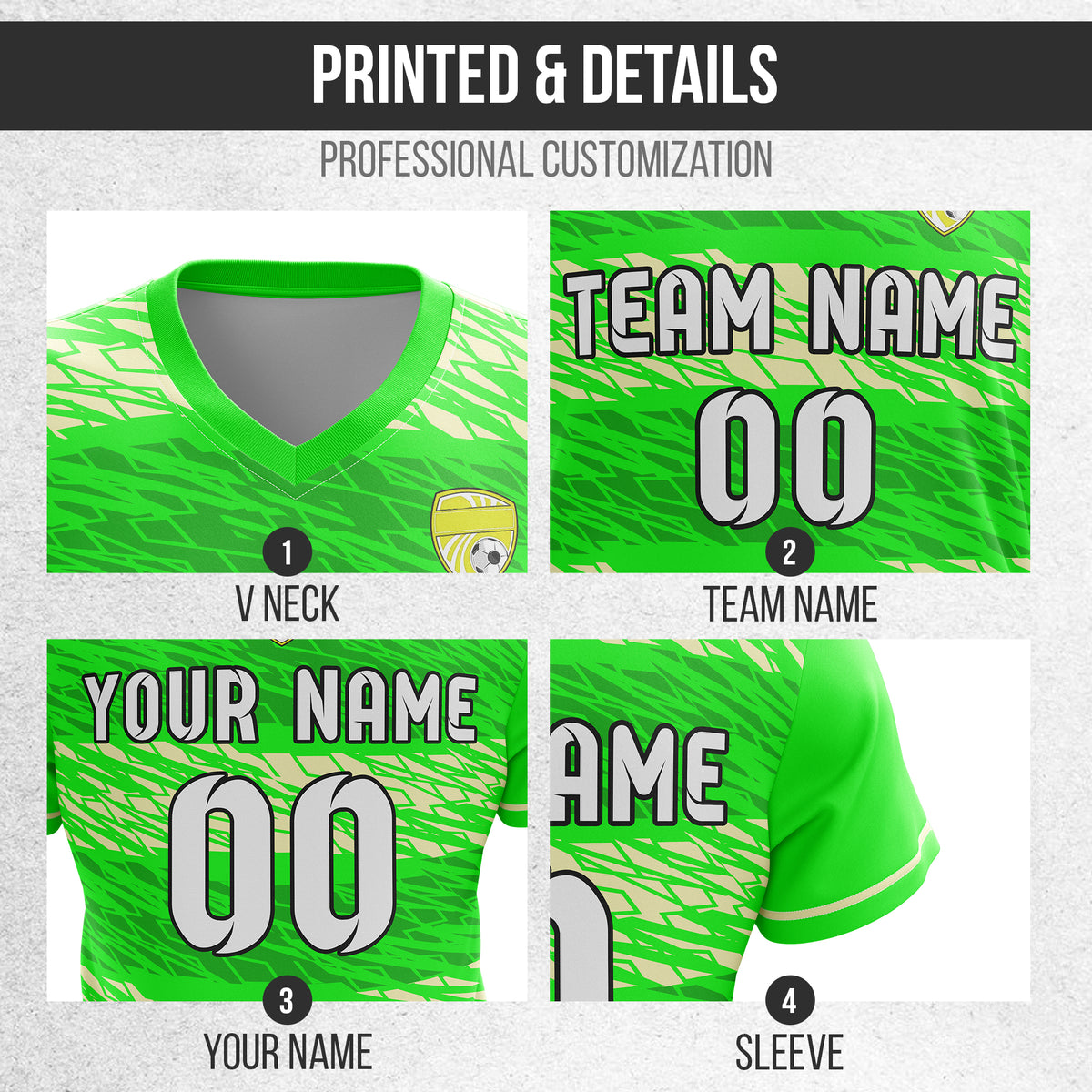 Soccer Jersey - V Neck - Full Pattern- Design 2 - neon Green