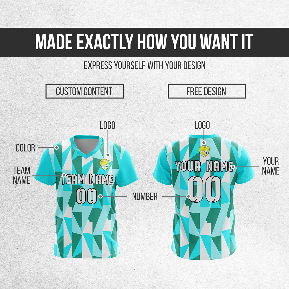 Soccer Jersey - V Neck - Full Pattern- Design 3 - Aqua