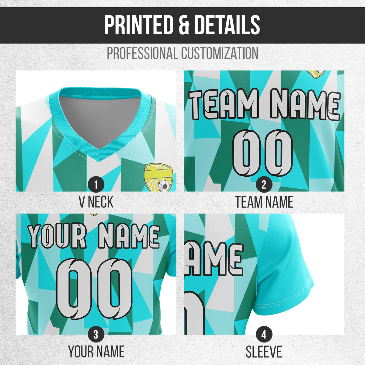 Soccer Jersey - V Neck - Full Pattern- Design 3 - Aqua