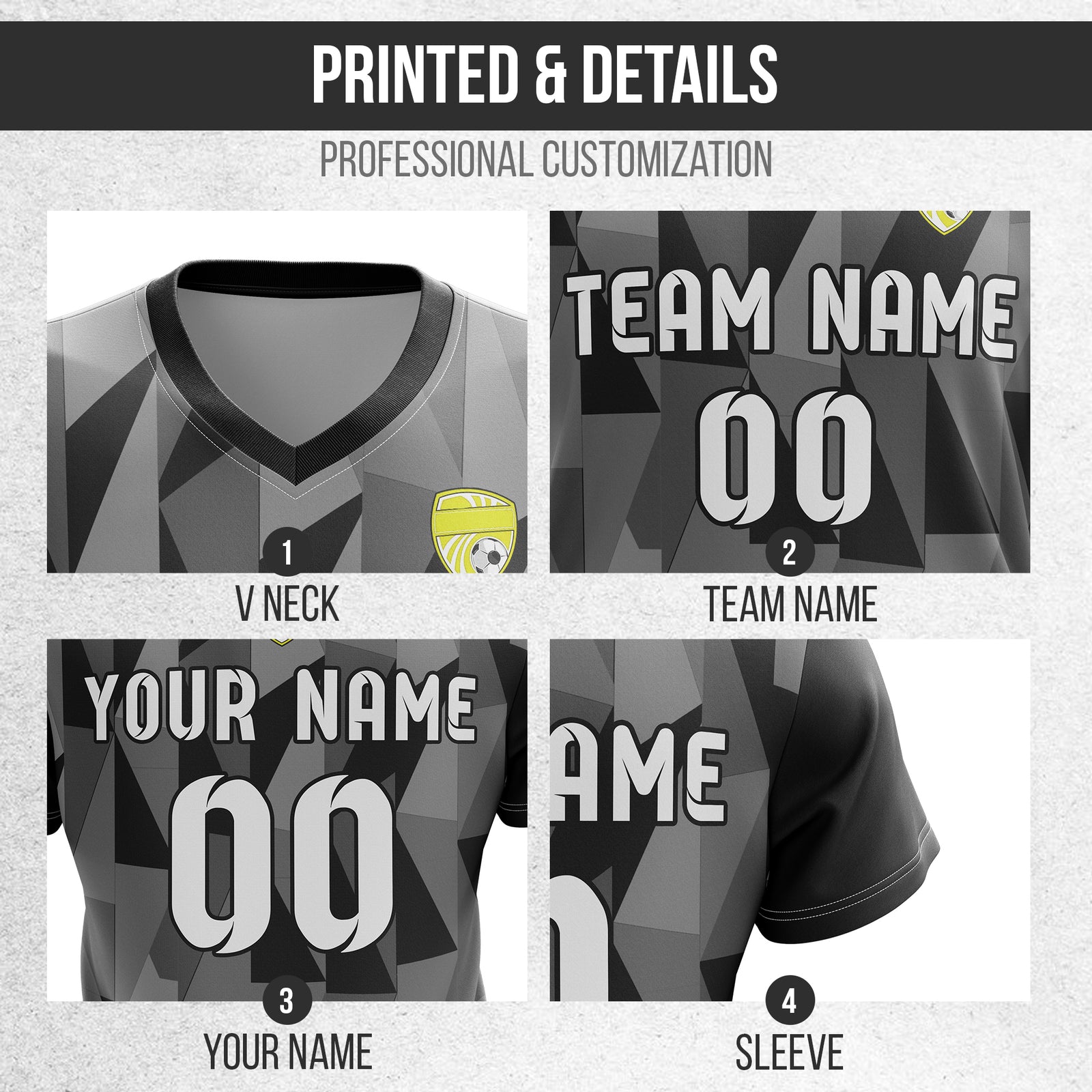 Soccer Jersey - V Neck - Full Pattern- Design 3 - Black