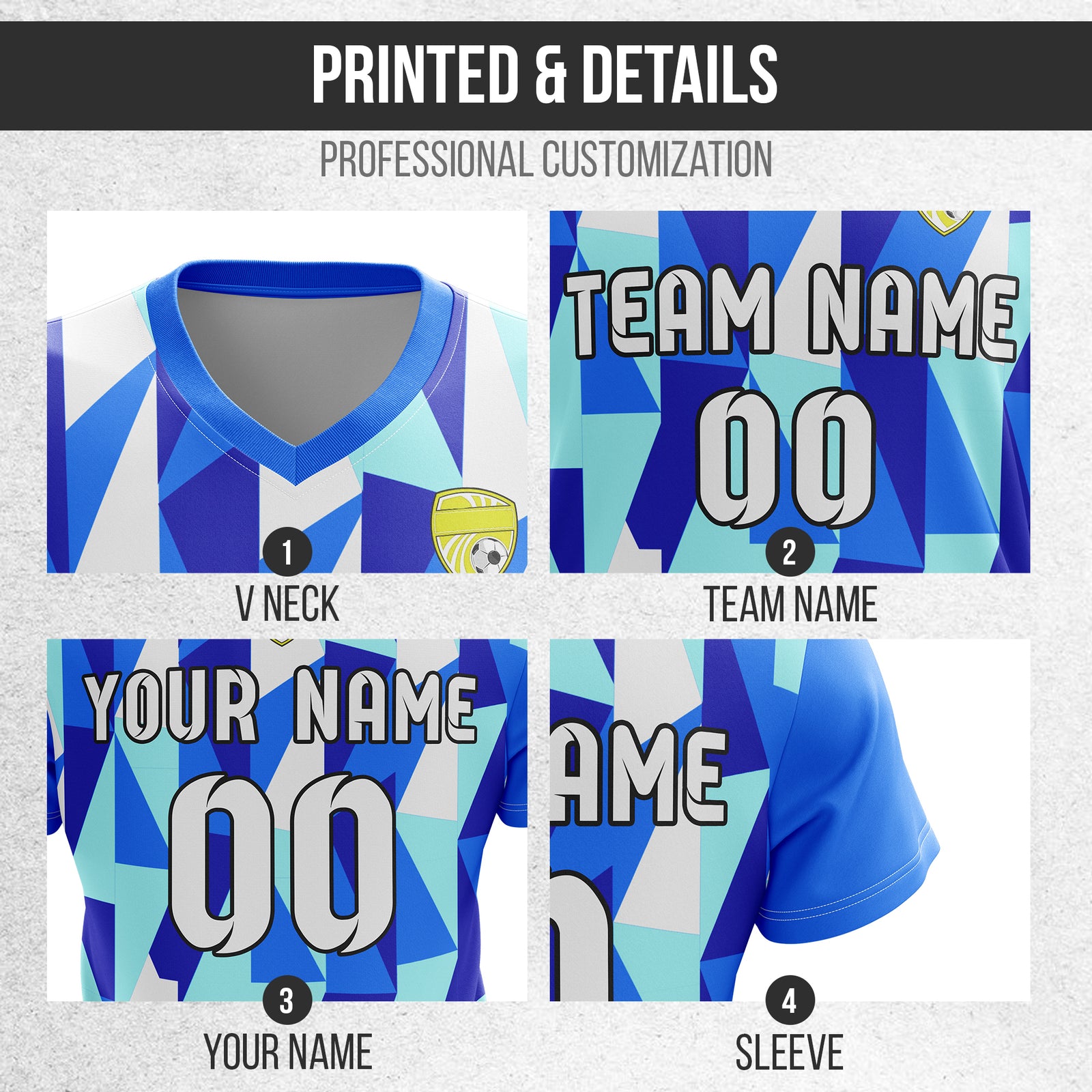 Soccer Jersey - V Neck - Full Pattern- Design 3 - Blue