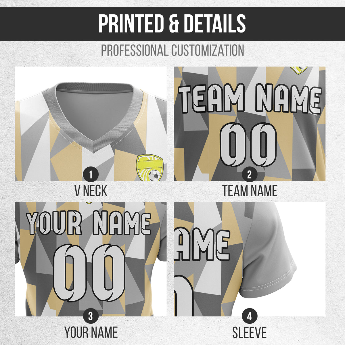 Soccer Jersey - V Neck - Full Pattern- Design 3 - Grey