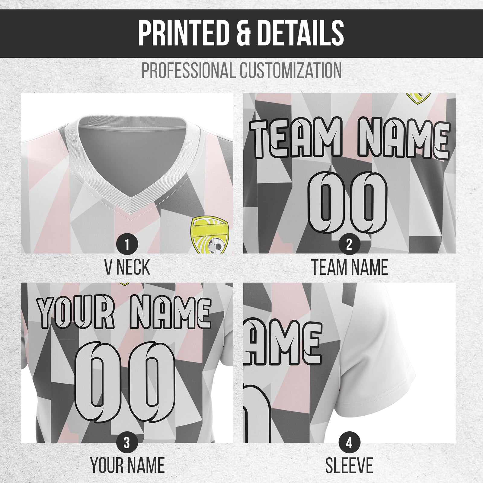 Soccer Jersey - V Neck - Full Pattern- Design 3 - White