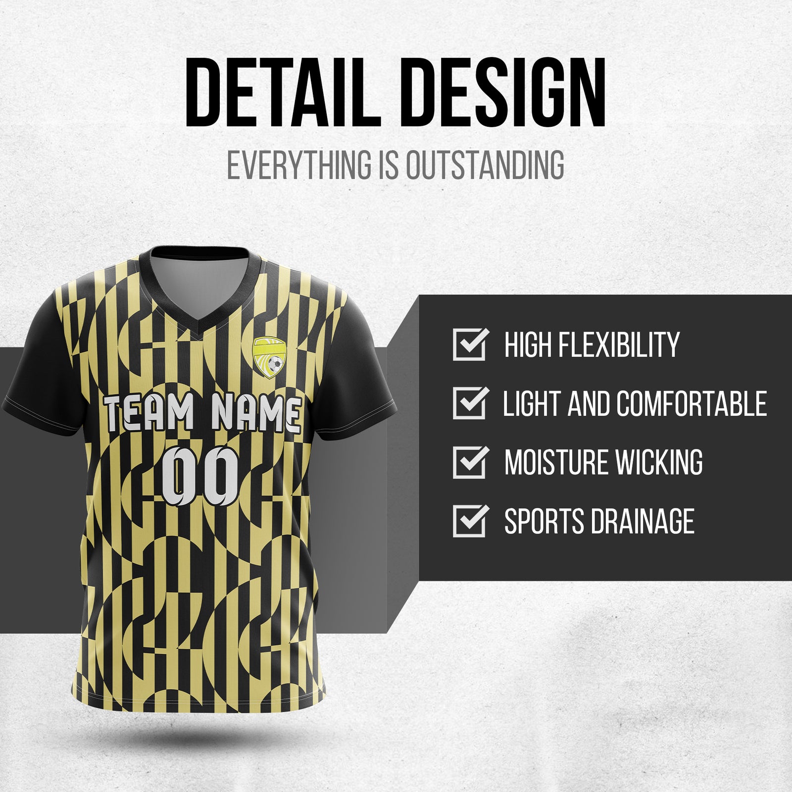 Soccer Jersey - V Neck - Full Pattern- Design 4 - Black