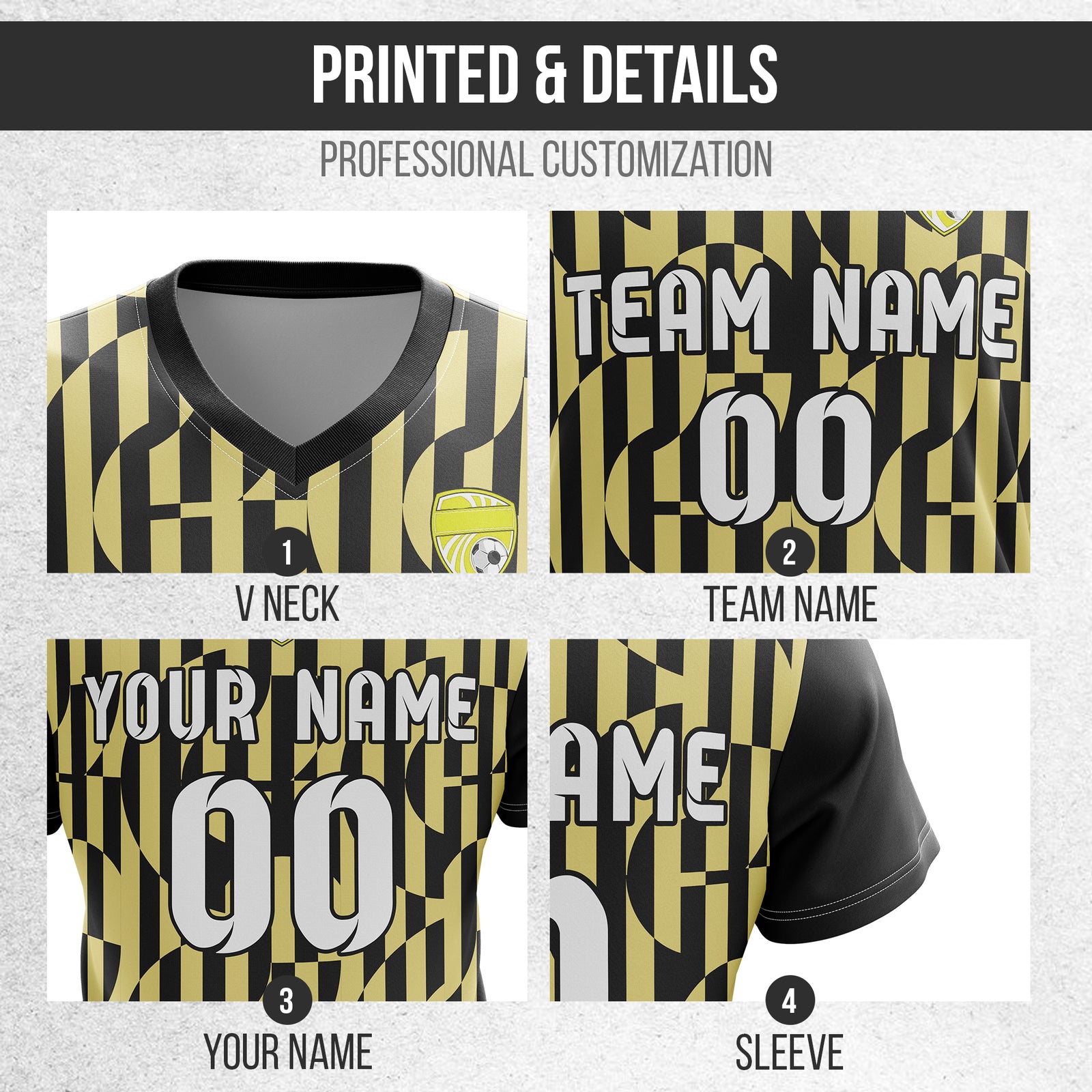 Soccer Jersey - V Neck - Full Pattern- Design 4 - Black