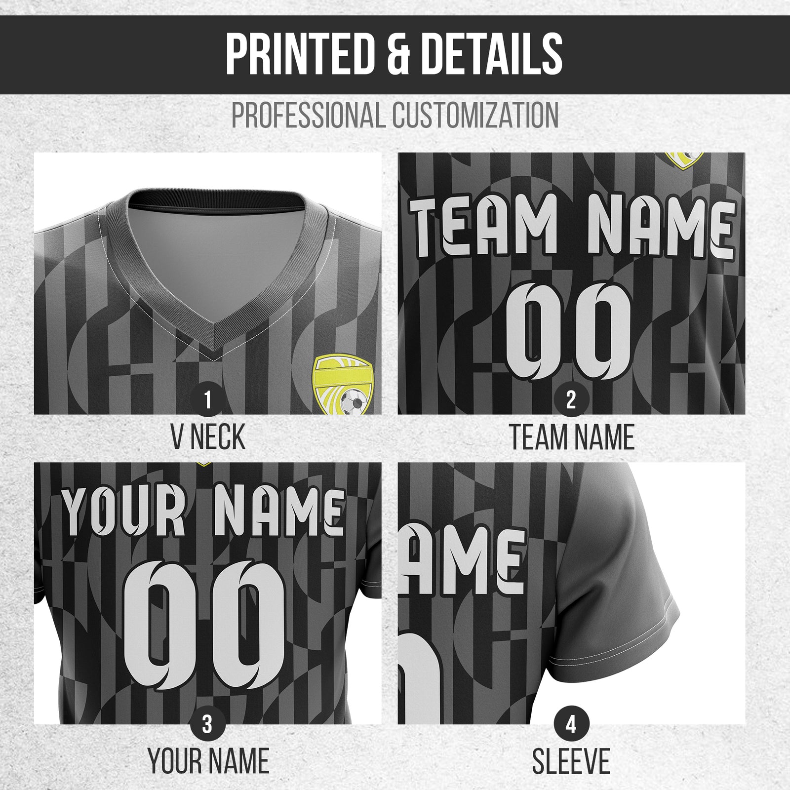 Soccer Jersey - V Neck - Full Pattern- Design 4 - Dark Grey