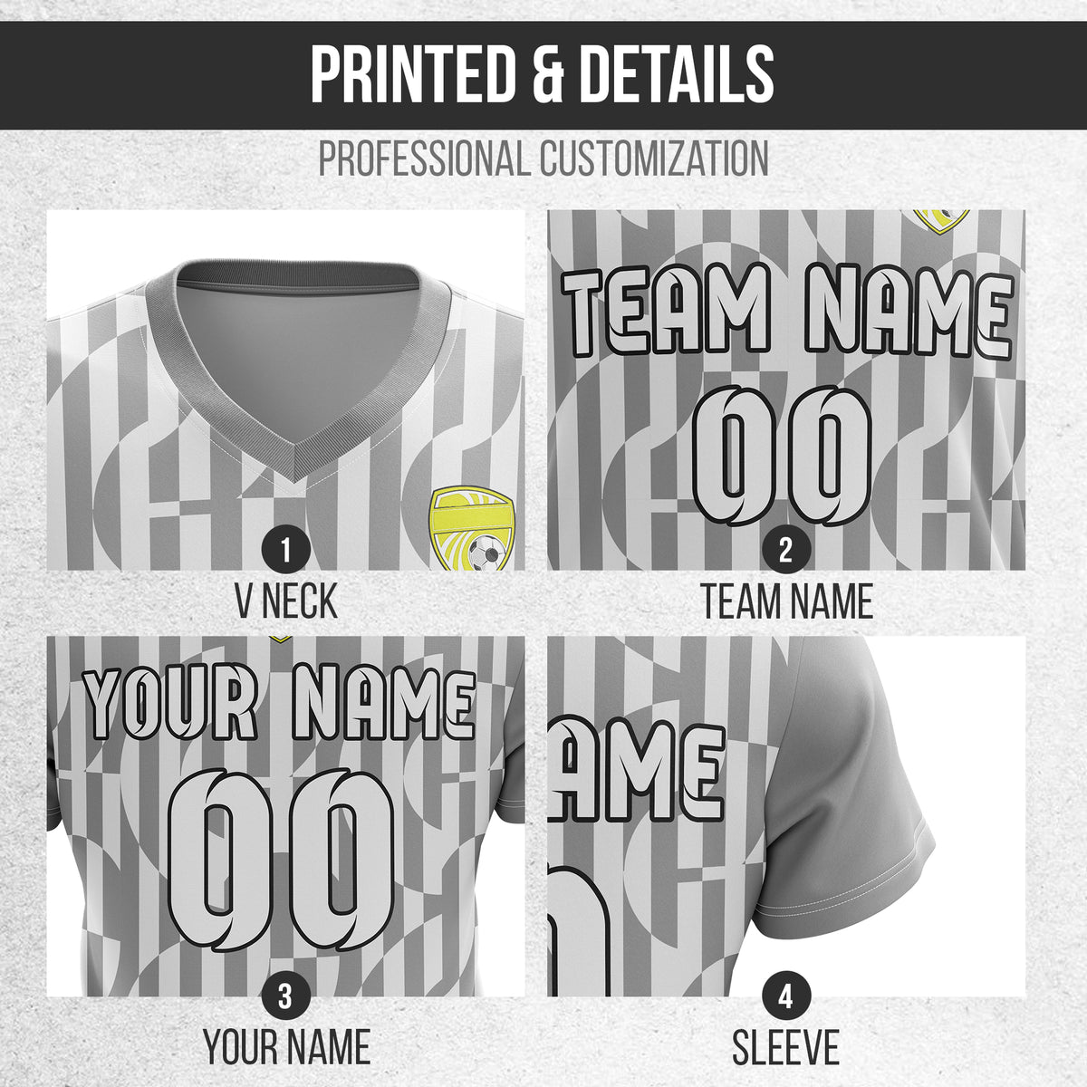 Soccer Jersey - V Neck - Full Pattern- Design 4 - Grey