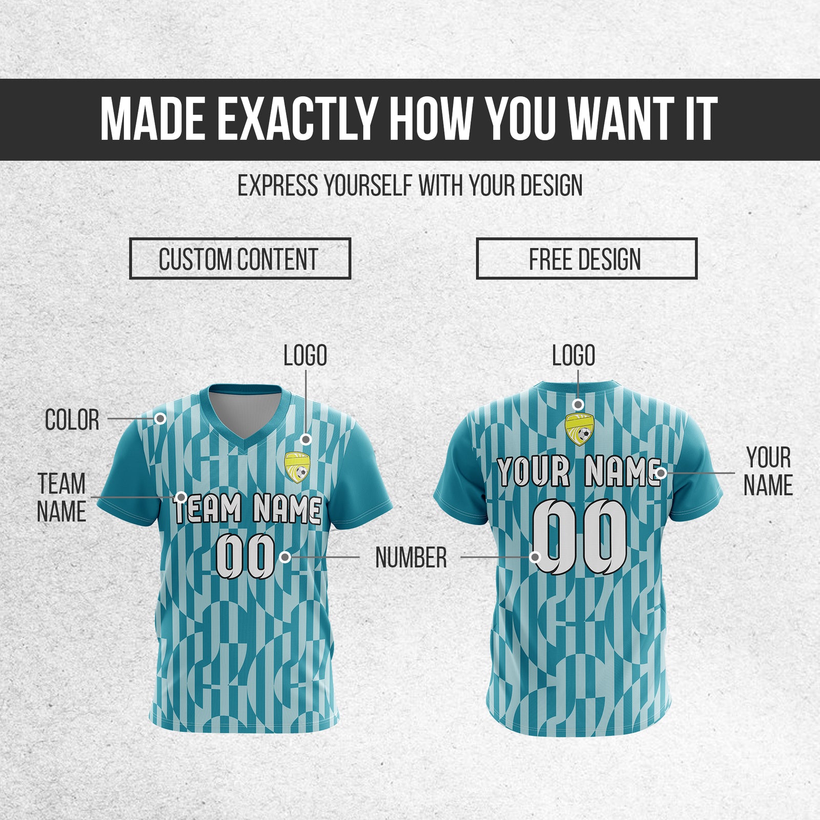 Soccer Jersey - V Neck - Full Pattern- Design 4 - Teal