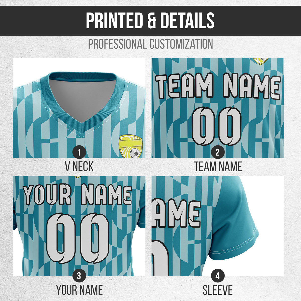 Soccer Jersey - V Neck - Full Pattern- Design 4 - Teal