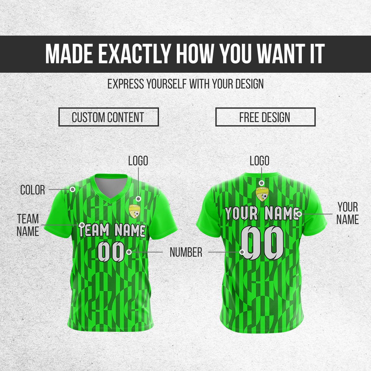 Soccer Jersey - V Neck - Full Pattern- Design 4 - neon Green