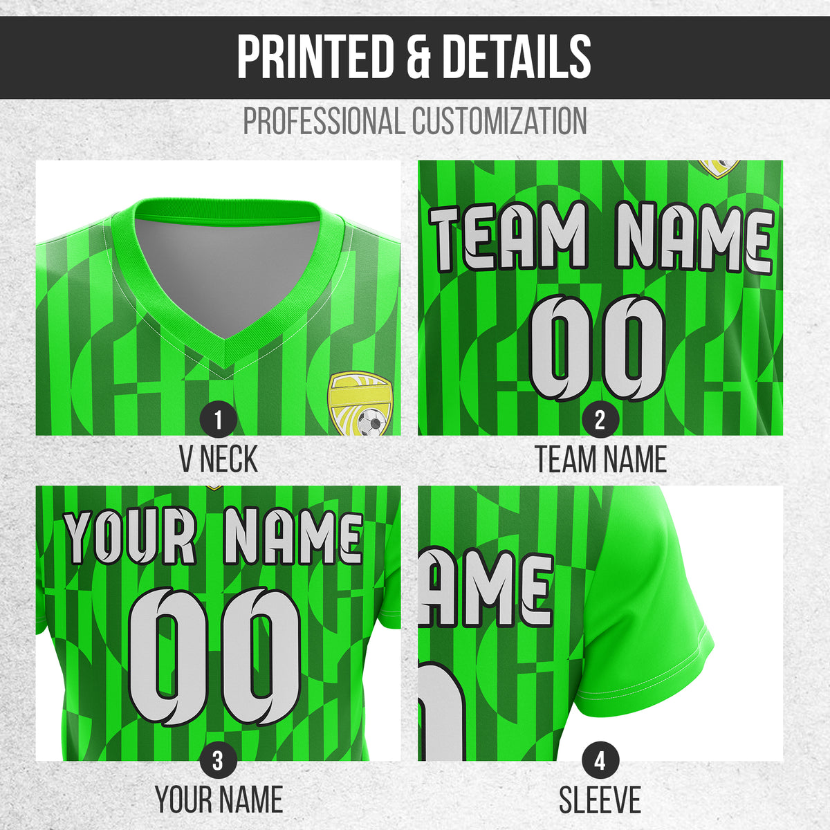 Soccer Jersey - V Neck - Full Pattern- Design 4 - neon Green