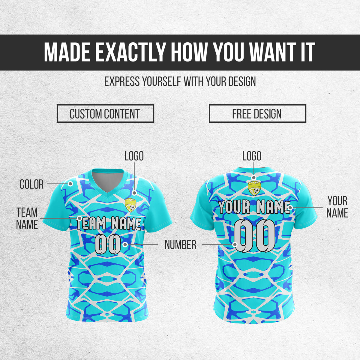 Soccer Jersey - V Neck - Full Pattern- Design 5 - Aqua