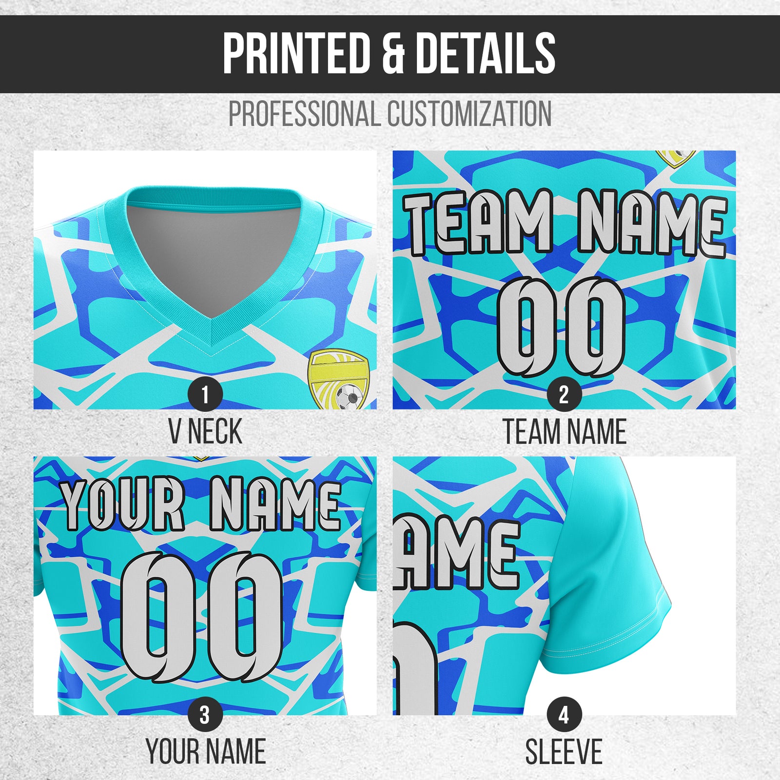 Soccer Jersey - V Neck - Full Pattern- Design 5 - Aqua
