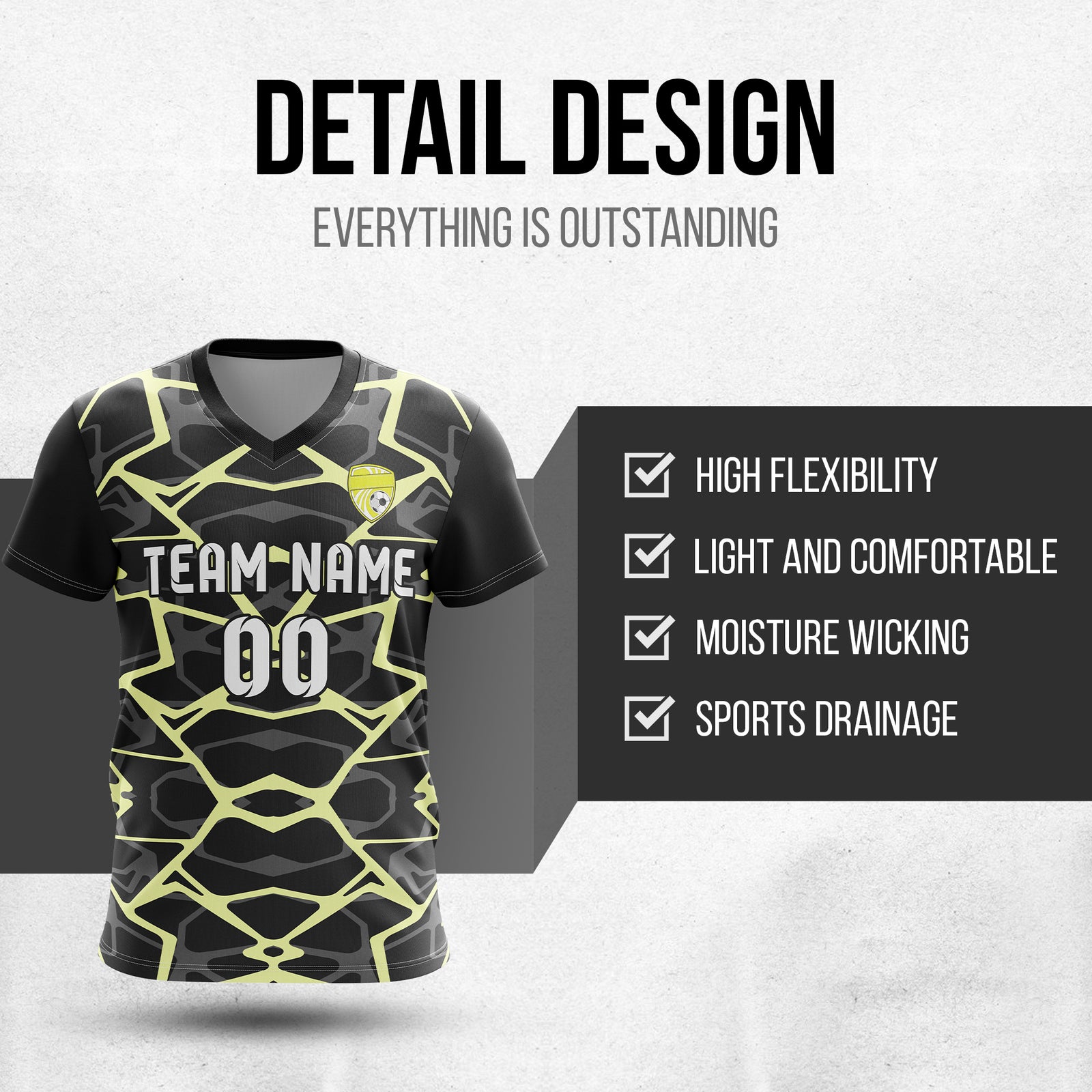 Soccer Jersey - V Neck - Full Pattern- Design 5 - Black