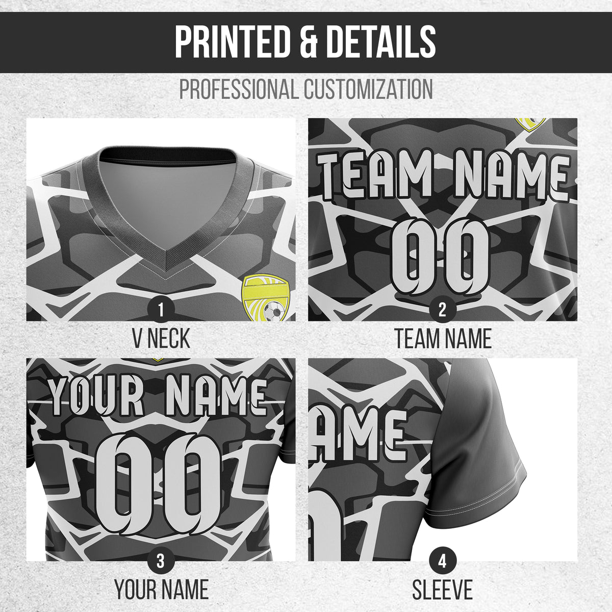 Soccer Jersey - V Neck - Full Pattern- Design 5 - Dark Grey