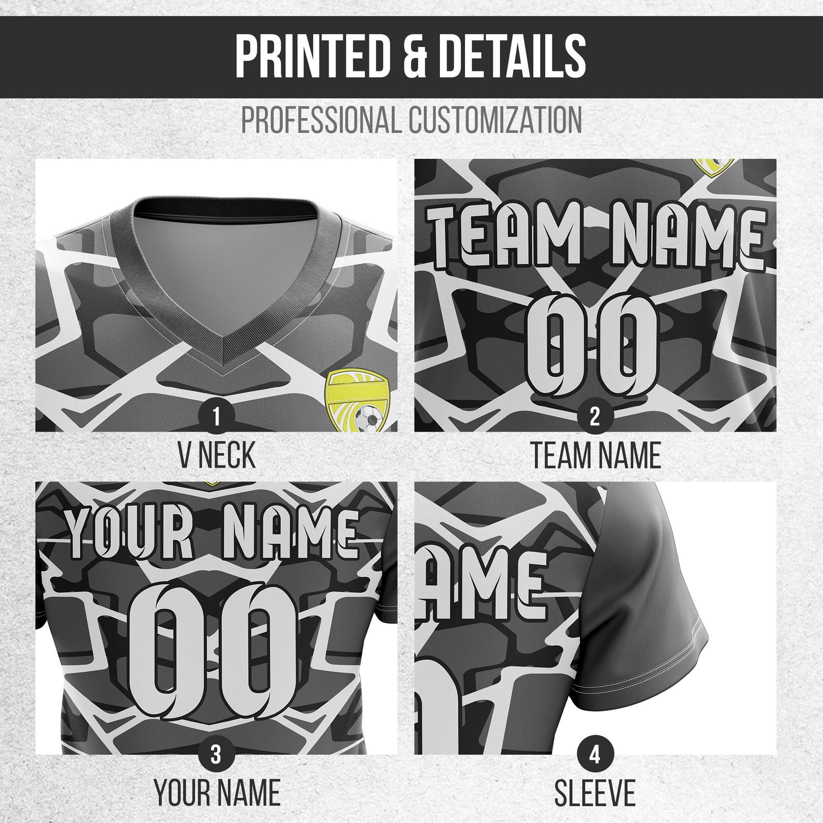 Soccer Jersey - V Neck - Full Pattern- Design 5 - Dark Grey