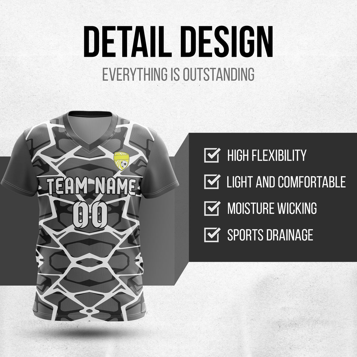 Soccer Jersey - V Neck - Full Pattern- Design 5 - Dark Grey