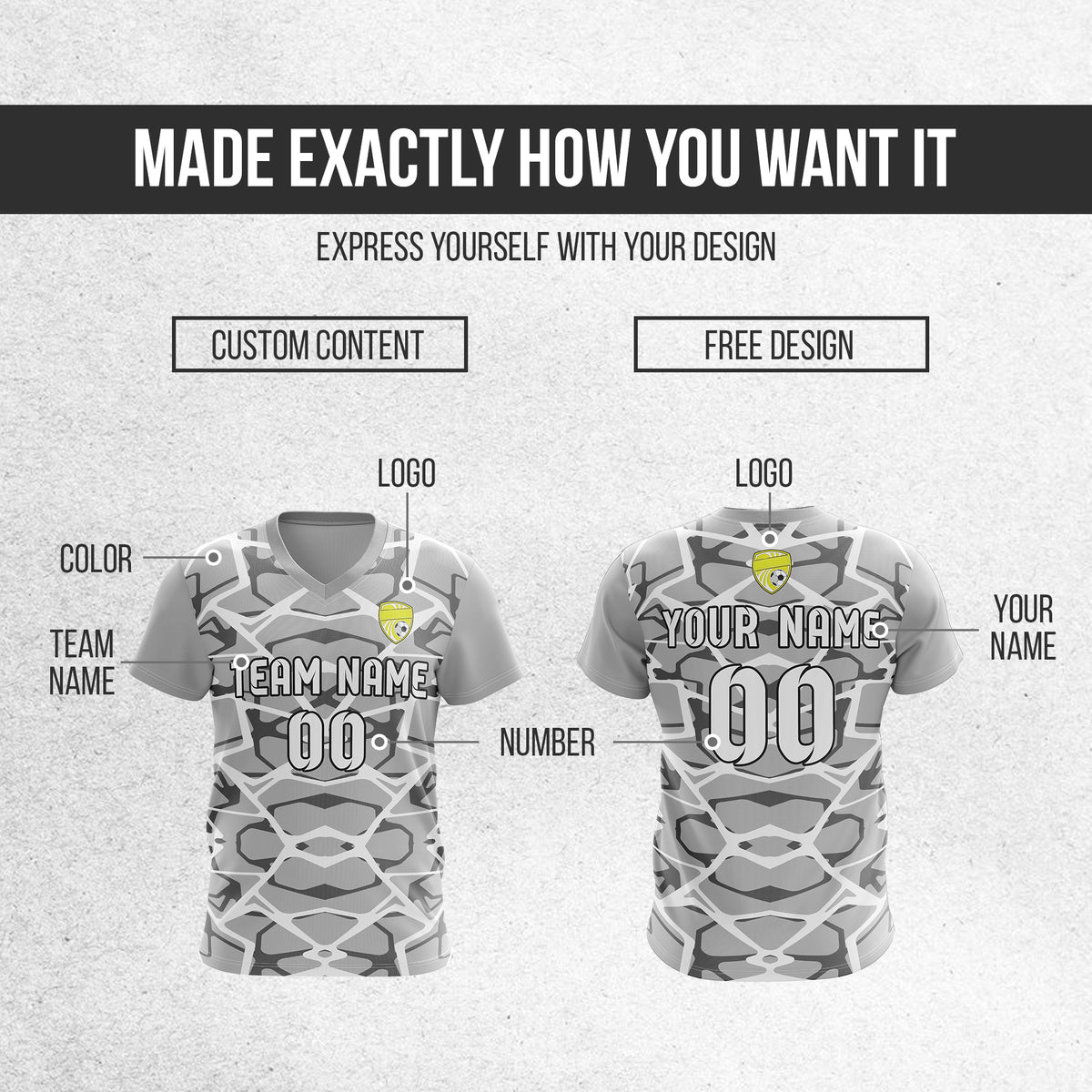 Soccer Jersey - V Neck - Full Pattern- Design 5 - Grey