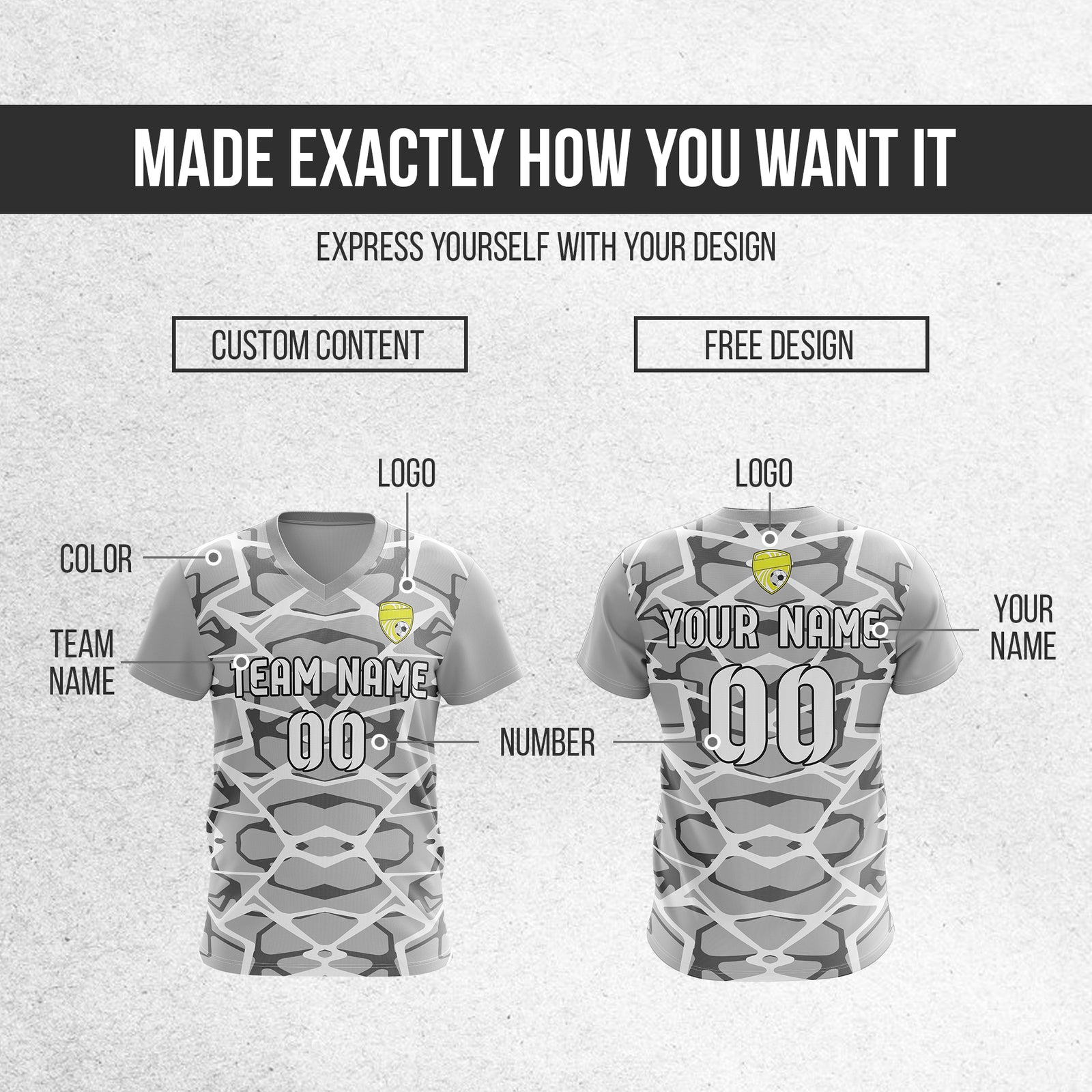 Soccer Jersey - V Neck - Full Pattern- Design 5 - Grey