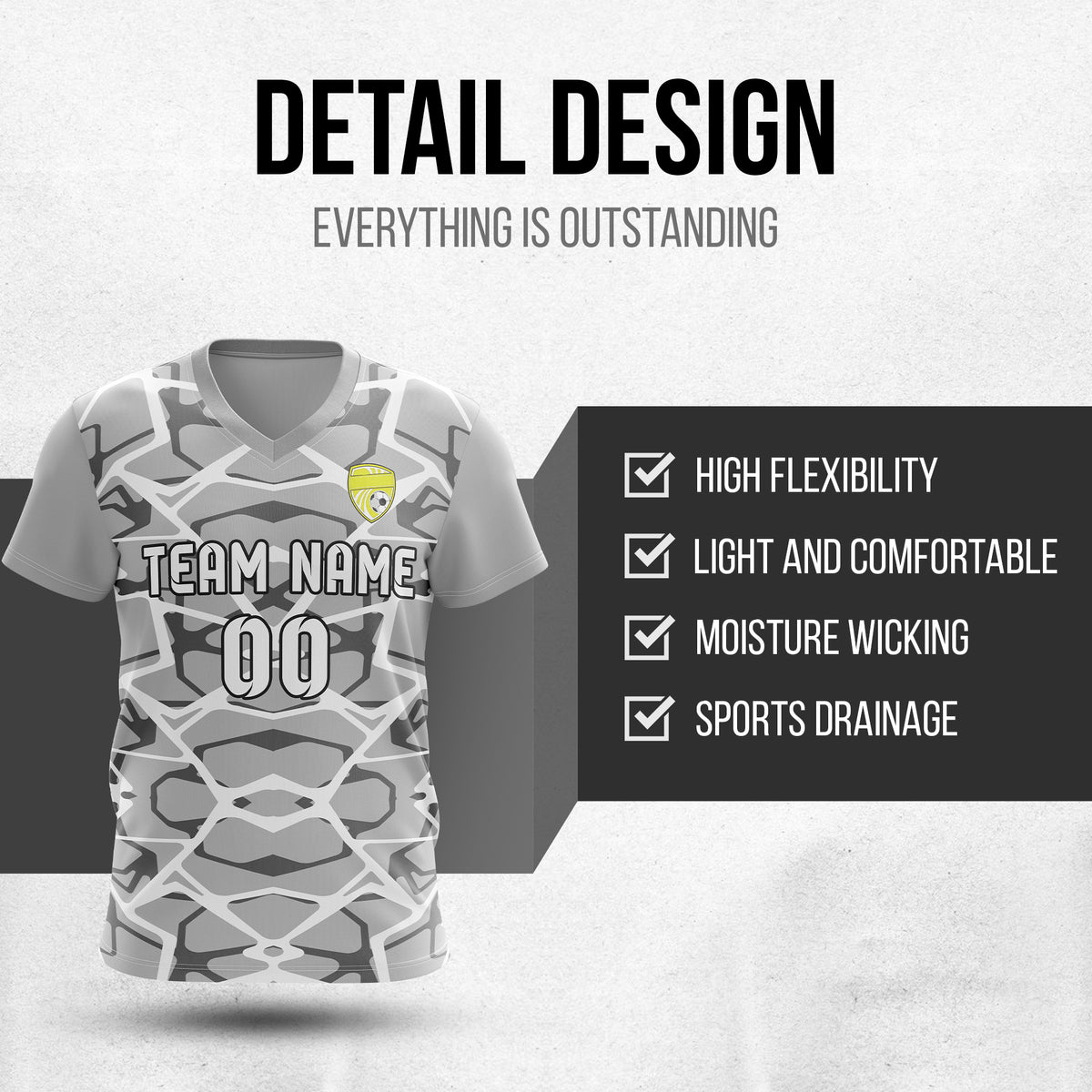 Soccer Jersey - V Neck - Full Pattern- Design 5 - Grey