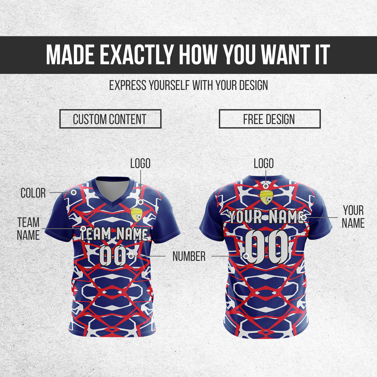 Soccer Jersey - V Neck - Full Pattern- Design 5 - Navy