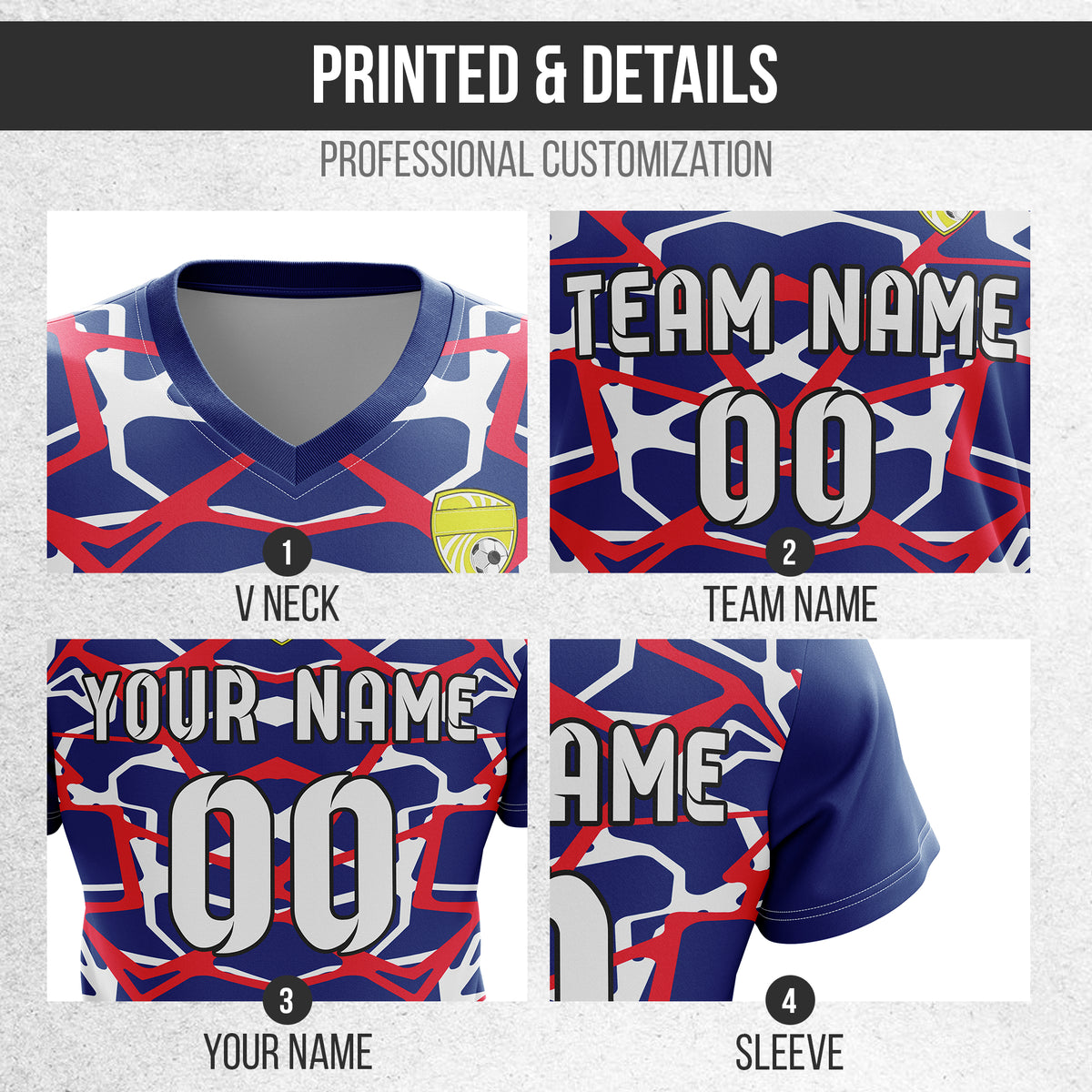 Soccer Jersey - V Neck - Full Pattern- Design 5 - Navy